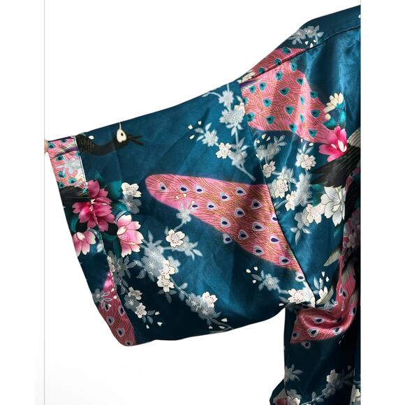 Dark Teal Green Exotic Peacock Floral Print Silk Blend Kimono Tie Robe OSFM - Picture 3 of 8